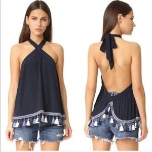 REVOLVE Tularosa Women's Halter Top Navy Blue Tassels Open Back Embroidered XS